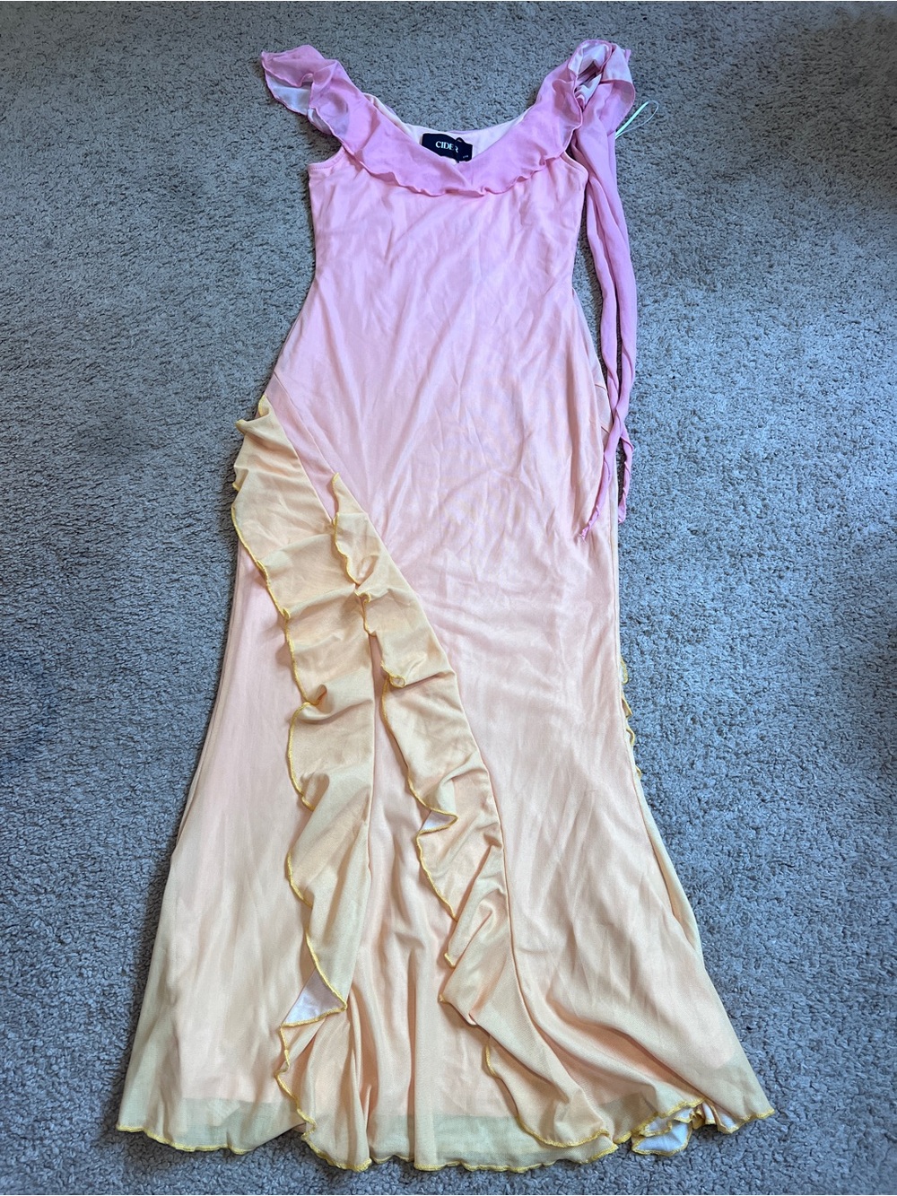 Cider Pink to Peach Ombre Ruffle Maxi Dress with Yellow Trim